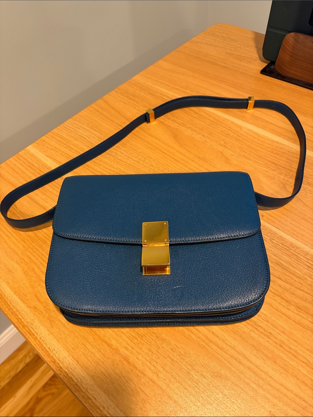 Celine Blue Textured Leather Classic Box Shoulder Bag